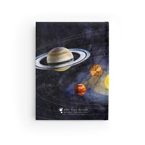 May include: A watercolour illustration of a solar system with a large planet with rings, a sun, and three other planets. The background is a dark blue with white stars. The text "tiny toes design by Brett Blumenthal www.tinytoesdesign.com" is at the bottom of the image.