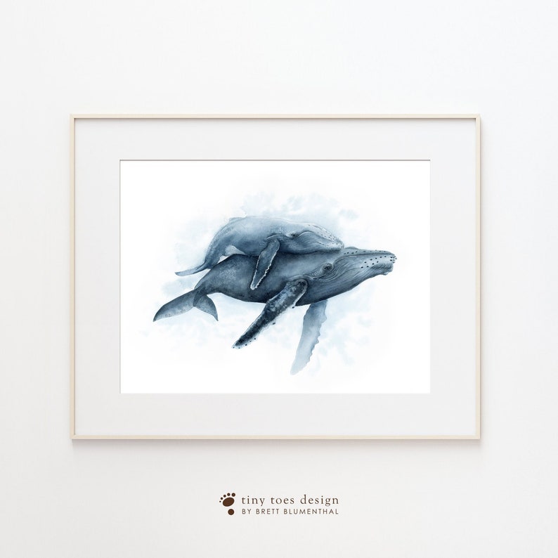 Humpback Whale Print, Ocean Nursery Wall Art, Nautical Nursery Decor, Sea Animal Nursery Art, Ocean Print, Mom and Baby Whale Watercolor image 3