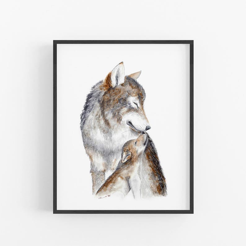 A framed painting depicting a mother wolf and her cub, with the mother's head and body in the foreground and the cub's body in the background.