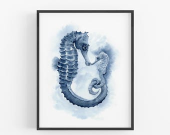Parent and Baby Seahorse Nursery Print, Watercolor Ocean Wall Art