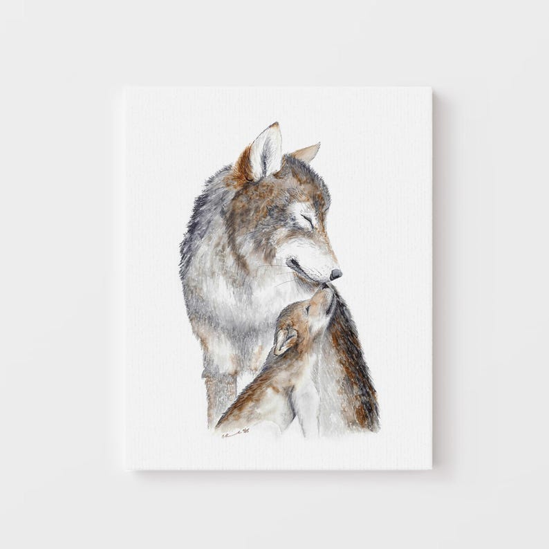 A watercolor painting depicting a mother wolf and her cub, with the mother's head and body in the foreground and the cub's body in the background.