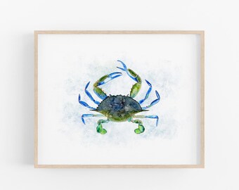 Blue Crab Art Print, Watercolor Kitchen Wall Art