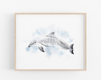 Stampa per cameretta con delfini, quadro murale a tema oceano ad acquerello