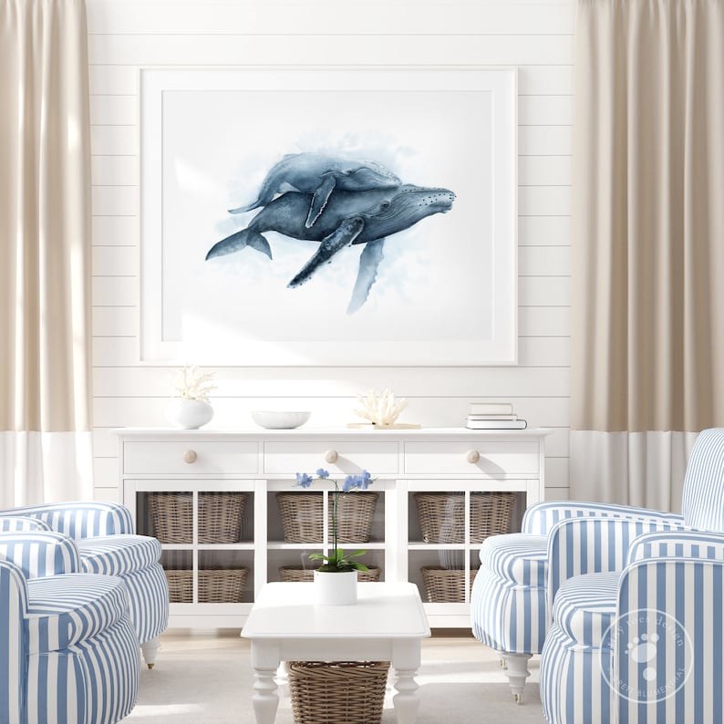 Humpback Whale Print, Ocean Nursery Wall Art, Nautical Nursery Decor, Sea Animal Nursery Art, Ocean Print, Mom and Baby Whale Watercolor image 5