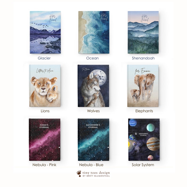 May include: Nine different watercolor journal covers with various themes. The covers feature images of a glacier, ocean, mountains, lions, wolves, elephants, a pink nebula, a blue nebula, and a solar system.