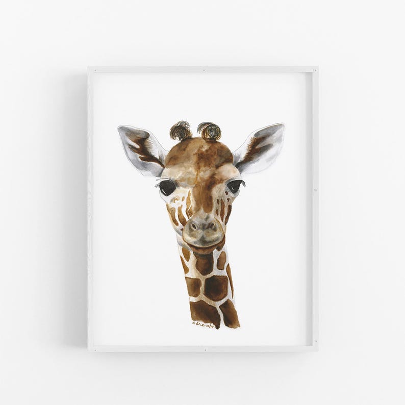 A watercolor painting of a giraffe's head, featuring its distinctive features such as large eyes, a long neck, and a patterned coat.