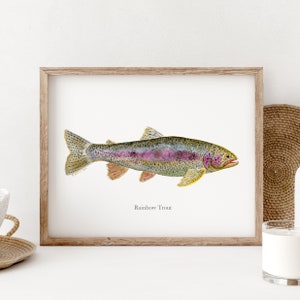 Lake House Decor, Rainbow Trout Art, Fish Watercolor, Fishing Lodge Art, Lake Fishing Gift, Fly Fishing Decor, Fish Print, Gift for Him