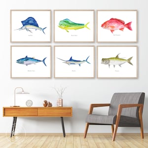 Framed Fishing Decor, Fish Print Set, Fish Mounts, Coastal Art, Framed Fish Watercolors, Fish Wall Art, Sport Fishing Art Illustrations