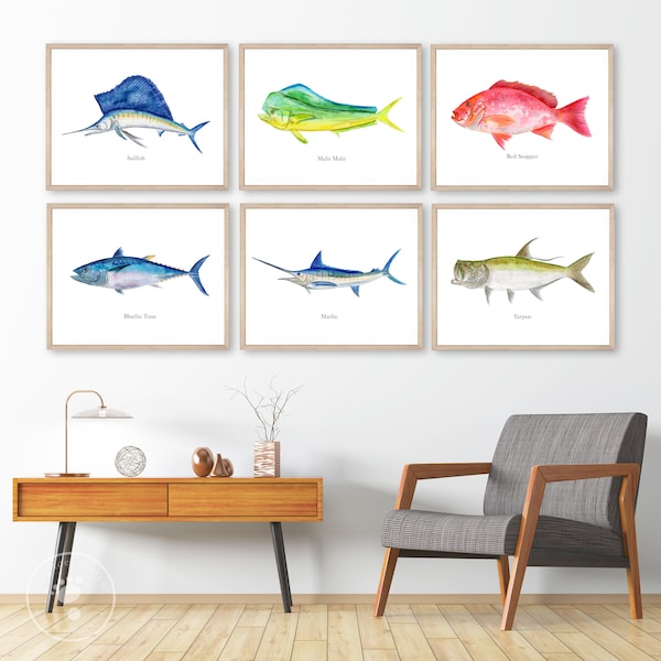 Framed Fishing Decor, Fish Print Set, Fish Mounts, Coastal Art, Framed Fish Watercolors, Fish Wall Art, Sport Fishing Art Illustrations