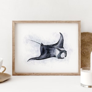Manta Rochen Aquarell, Ozean Tier Druck, Manta Rochen Wandkunst, Meer Leben Kunst, Badezimmer Dekor, Küsten Kunst, Ozean Kinderzimmer Dekor, Rochen Fisch Kunst