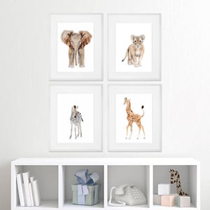 Set of 4 - Framed Nursery Art - Baby Animal Prints - Safari Nursery Print Set - Framed Animal Prints - Elephant - Giraffe - Lion - Zebra image 1