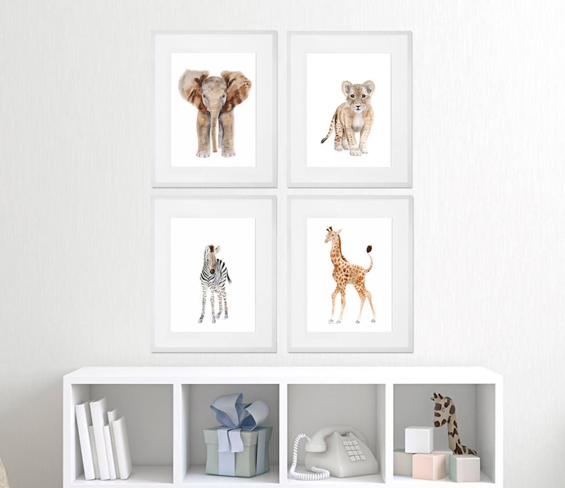 Set of 4 - Framed Nursery Art - Baby Animal Prints - Safari Nursery Print Set - Framed Animal Prints - Elephant - Giraffe - Lion - Zebra image 1