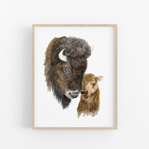 Lámina con estampado de bisonte madre y cría, decoración de pared para habitación infantil de estilo rústico.