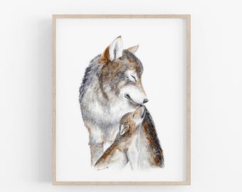 Mom and Baby Wolf Print, Woodland Nursery Wall Art