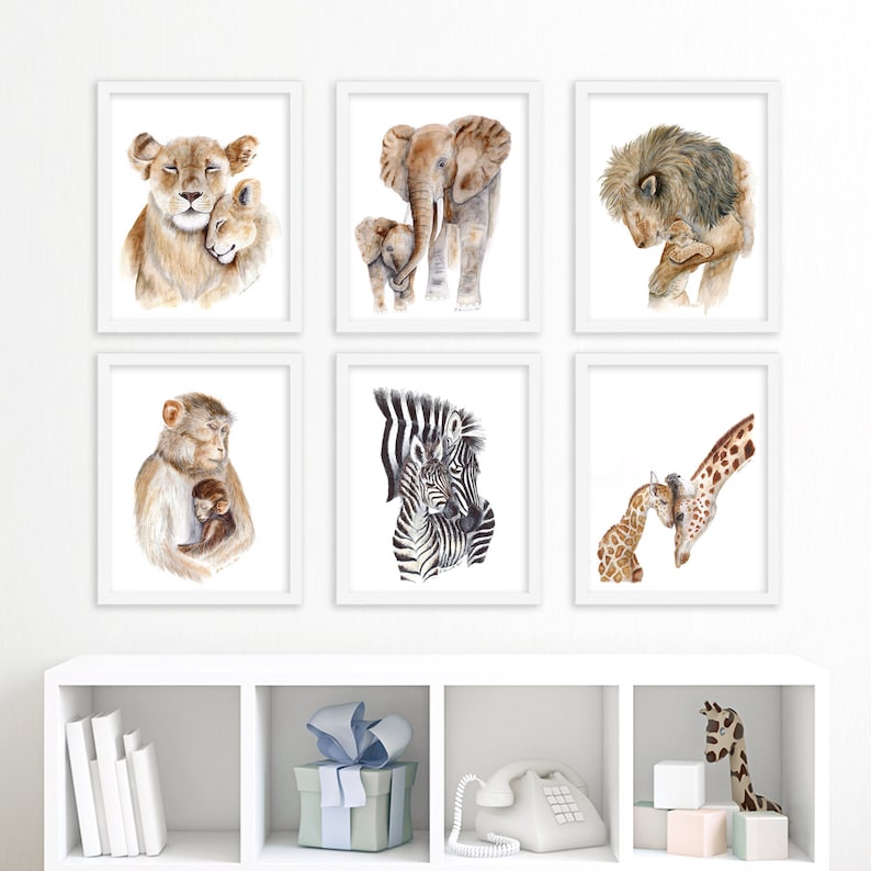 Safari Nursery Decor, Lion Wall Art, Animal Nursery Print, Mom and Baby Animal, Lion Nursery, Animal Art, Watercolor Lion Print image 6