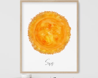 Sun Watercolor Print, Sun Nursery Art, Space Wall Art for Kids, Outer Space Bedroom Decor, Astronomy Poster, Sun Poster, Star Painting