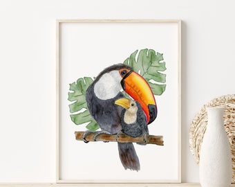 Toucan Watercolor, Toucan Bird Print, Jungle Nursery Art, Rainforest Animals, Bird Painting, Rainforest Bird Art, Orange, Red, Yellow