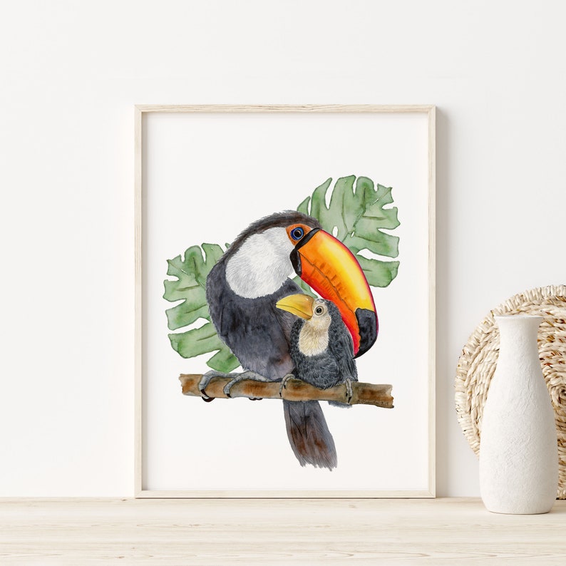 Toucan Watercolor, Toucan Bird Print, Jungle Nursery Art, Rainforest Animals, Bird Painting, Rainforest Bird Art, Orange, Red, Yellow image 1