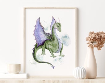 Dragon Art Print - Watercolor Dragon Painting - Dragon Nursery Art - Kids Wall Art - Dragon Wall Art - Boys Room Decor - Fantasy Art Print