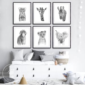 Juego de 6 láminas con estampado de animales de safari en blanco y negro para bebés, decoración de pared para la habitación infantil.