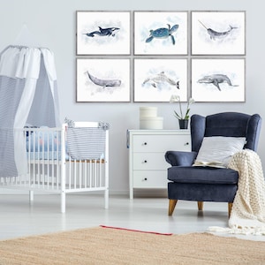 Set van 6 prints met oceaandieren, nautische muurdecoratie voor de kinderkamer