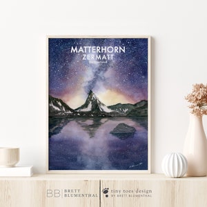 Impresión de estrellas de la Vía Láctea, impresión del cielo nocturno, arte de la pared del cielo nocturno de la montaña, arte espacial, pintura de acuarela de galaxia, cartel de Zermatt de la noche estrellada