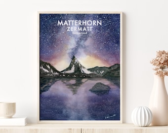 Milky Way Stars Print, Night Sky Print, Mountain Night Sky Wall Art, Space Art, Galaxy Watercolor Painting, Starry Night Zermatt Poster