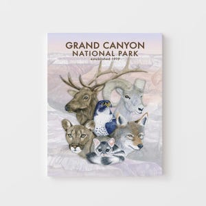 The image is a poster for the Grand Canyon National Park, featuring various animals such as a deer, elk, bighorn sheep, hawk, cougar, and a wolf.