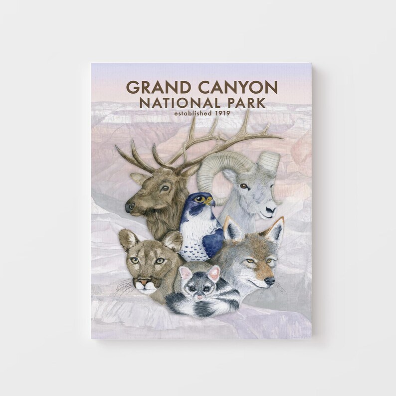 The image is a poster for the Grand Canyon National Park, featuring various animals such as a deer, elk, bighorn sheep, hawk, cougar, and a wolf.