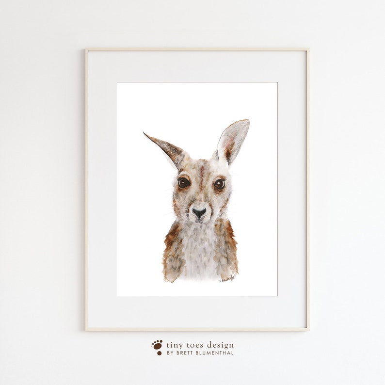 May include: A watercolor painting of a kangaroo with brown fur and a white face. The kangaroo is looking directly at the viewer.