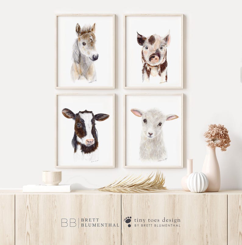 Set van 4 prints met boerderijdieren, muurdecoratie in boerderijstijl voor de kinderkamer. afbeelding 1