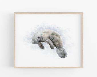 Manatee Watercolor Print, Florida Coastal Decor, Bathroom Art