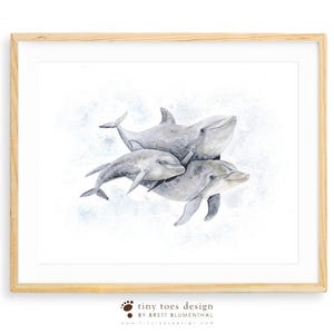 Lámina infantil Familia de delfines, arte mural de acuarela del océano imagen 2