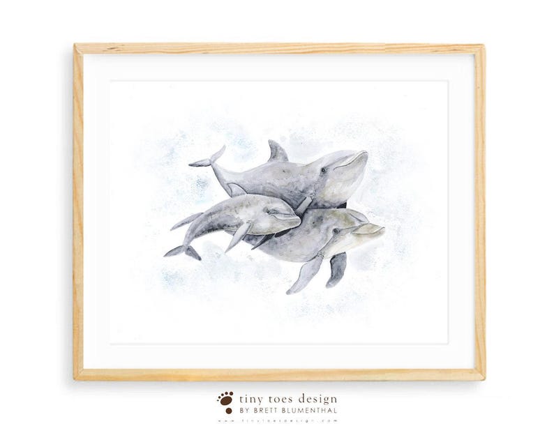 Lámina infantil Familia de delfines, arte mural de acuarela del océano imagen 2