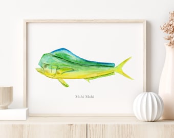 Mahi Watercolor Print, Dorado Fish Wall Art, Deep Sea Fishing Decor