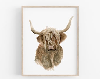 Highland Cow Nursery Wall Art, Farmhouse Watercolor Print, Kitchen Décor