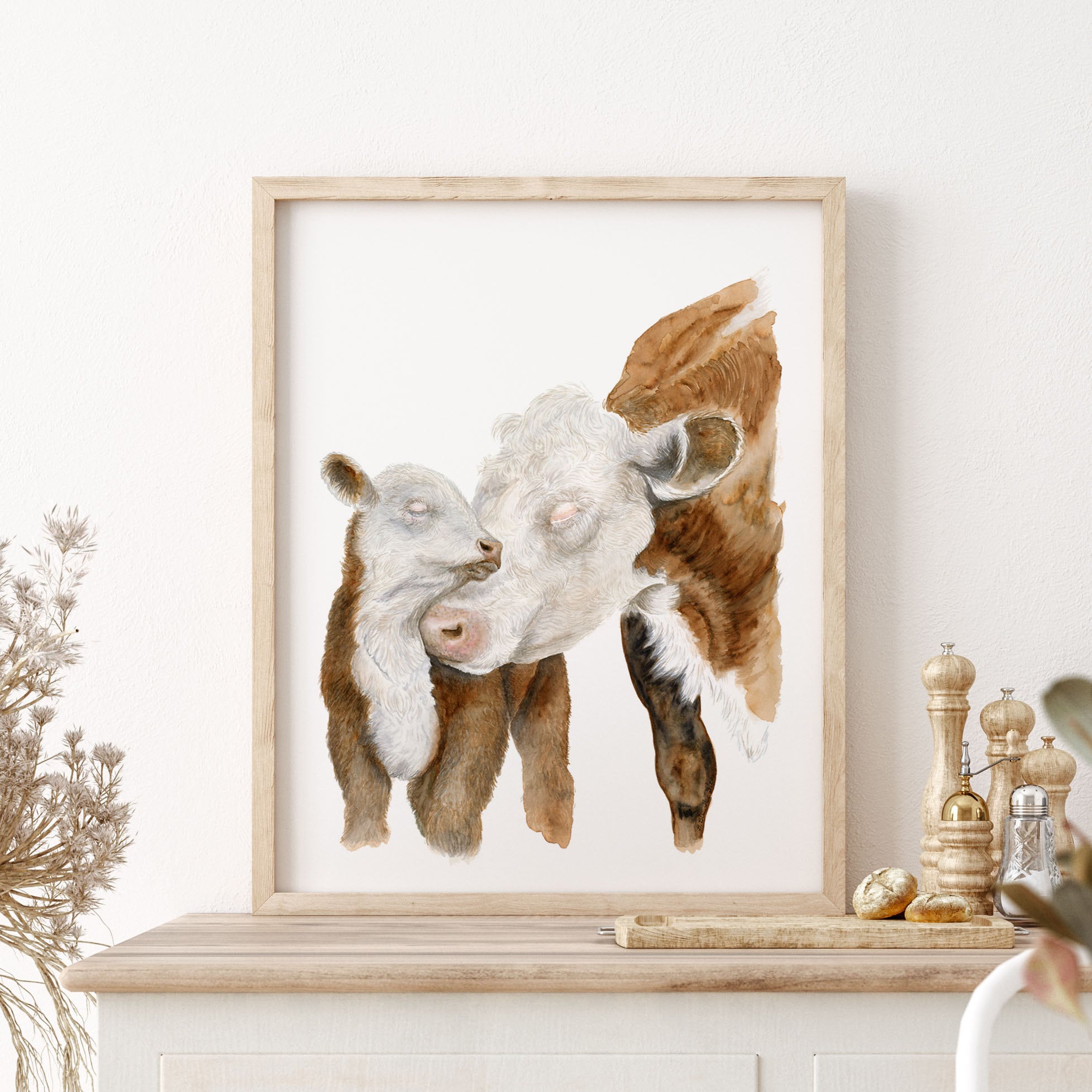 Farm Nursery Decor, Hereforf Cow Painting Print, Mom and Baby