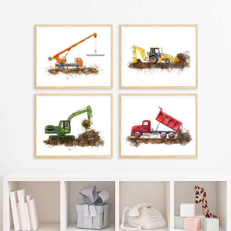 Construction Vehicle Wall Decor Set Of 4 Nursery Art For Etsy