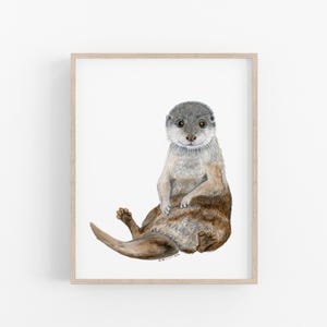 A watercolor painting of an otter sitting on its hind legs with its front paws resting on its belly.