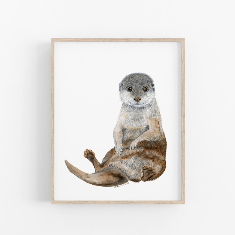 A watercolor painting of an otter sitting on its hind legs with its front paws resting on its belly.