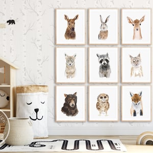 Woodland Baby Animal Print Set of 9, Little Girl Room Wall Art image 1