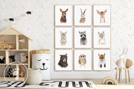 Woodland Baby Animal Print Set of 9, Little Girl Room Wall Art