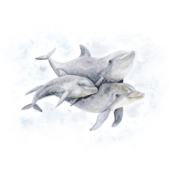 Ocean Nursery Decor, Dolphin Art Print, Dolphin Family Painting, Ocean Art, Dolphin Nursery, Dolphin Decor, Nursery Print, Dolphin Painting
