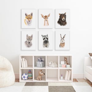 Set van 6 canvasprints met bosdieren, muurdecoratie voor de kinderkamer. afbeelding 1