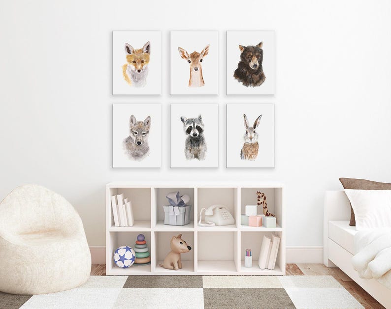 Set van 6 canvasprints met bosdieren, muurdecoratie voor de kinderkamer. afbeelding 1