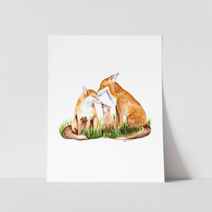 Aquarelprint van een vossenfamilie, muurdecoratie met bosmotief voor de kinderkamer.