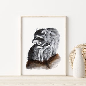 Woodland Nursery Decor, Raccoon Watercolor, Mom and Baby Animals, Forest Animal Print, Nursery Wall Art, Raccoon Nursery Print, Nursery Art