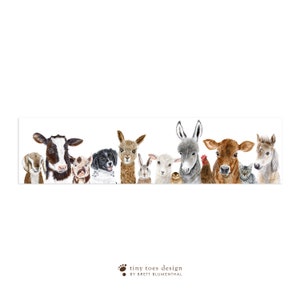 May include: A watercolor painting of a group of farm animals, including a cow, pig, dog, alpaca, rabbit, lamb, donkey, cow, cat, and horse. The animals are all looking at the viewer.