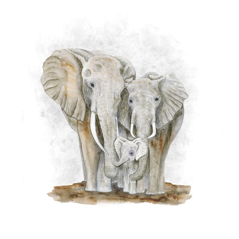 Elephant Wall Art Nursery Baby With Mom And Dad Watercolor Animal Prints Print