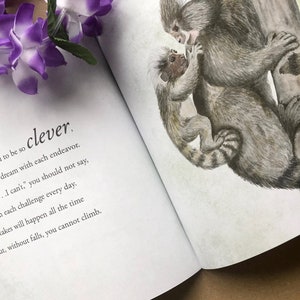May include: A watercolor illustration of two monkeys, one larger than the other, sitting on a tree branch. The monkeys are brown and gray with white fur on their faces. The text "to be so clever dream with each endeavor... I can't, you should not say, each challenge every day. takes will happen all the time ut, without falls, you cannot climb." is printed below the image.